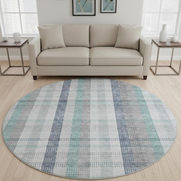HomeRoots 8' Silver Gray and Teal Plaid Washable Round Rug - Durable, UV Protected, Stain Resistant Elegance 676503