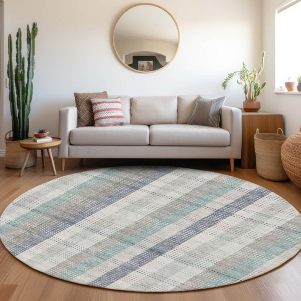HomeRoots 8' Silver Gray and Teal Plaid Washable Round Rug - Durable, UV Protected, Stain Resistant Elegance 676503