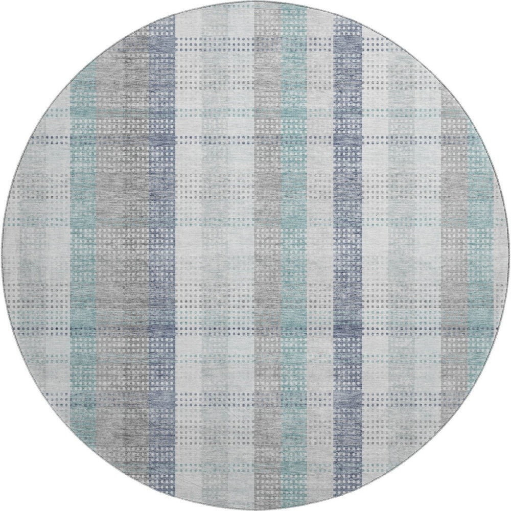 HomeRoots 8' Silver Gray and Teal Plaid Washable Round Rug - Durable, UV Protected, Stain Resistant Elegance 676503