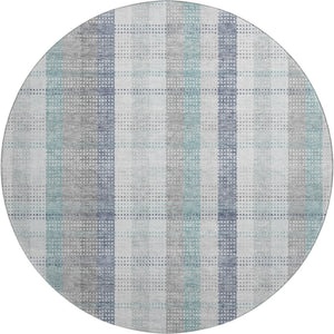 HomeRoots 8' Silver Gray and Teal Plaid Washable Round Rug - Durable, UV Protected, Stain Resistant Elegance 676503