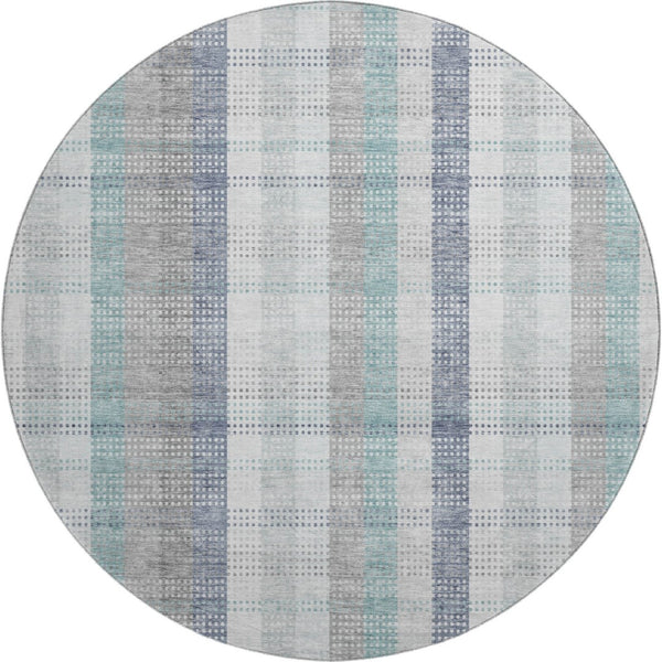 HomeRoots 8' Silver Gray and Teal Plaid Washable Round Rug - Durable, UV Protected, Stain Resistant Elegance 676503