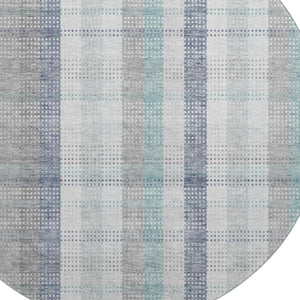 HomeRoots 8' Silver Gray and Teal Plaid Washable Round Rug - Durable, UV Protected, Stain Resistant Elegance 676503