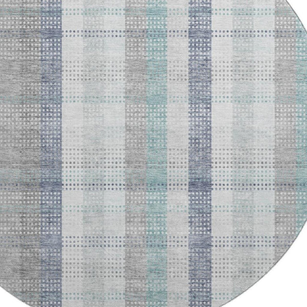 HomeRoots 8' Silver Gray and Teal Plaid Washable Round Rug - Durable, UV Protected, Stain Resistant Elegance 676503