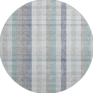 HomeRoots 8' Silver Gray and Teal Plaid Washable Round Rug - Durable, UV Protected, Stain Resistant Elegance 676503