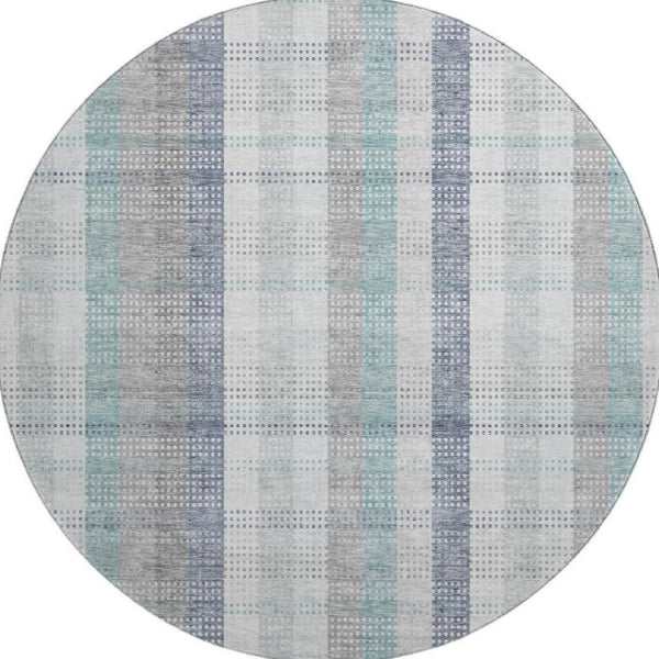 HomeRoots 8' Silver Gray and Teal Plaid Washable Round Rug - Durable, UV Protected, Stain Resistant Elegance 676503