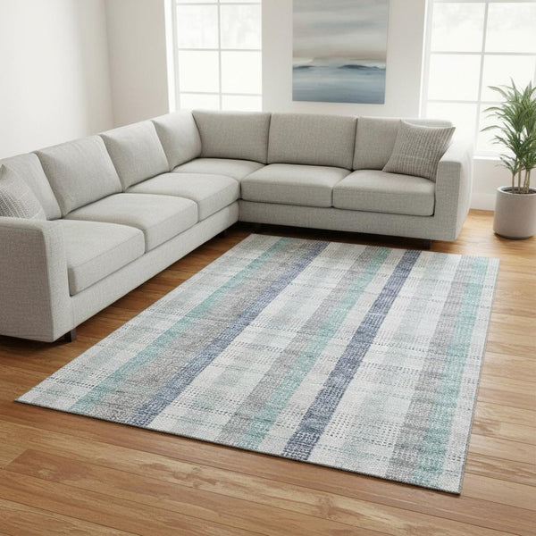 HomeRoots 8' X 10' Stylish Silver Gray & Teal Plaid Washable Area Rug with UV Protection for Easy Care 676504