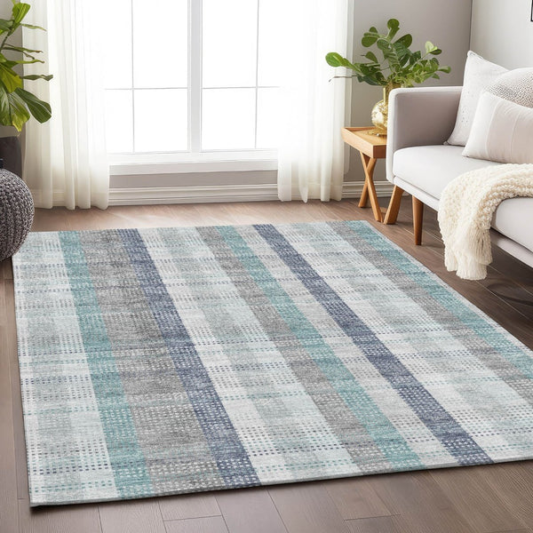 HomeRoots 8' X 10' Stylish Silver Gray & Teal Plaid Washable Area Rug with UV Protection for Easy Care 676504