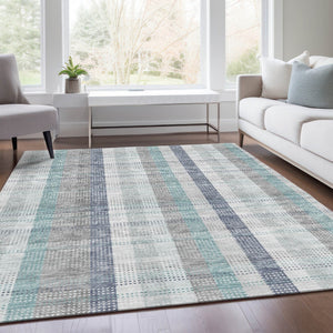 HomeRoots 8' X 10' Stylish Silver Gray & Teal Plaid Washable Area Rug with UV Protection for Easy Care 676504