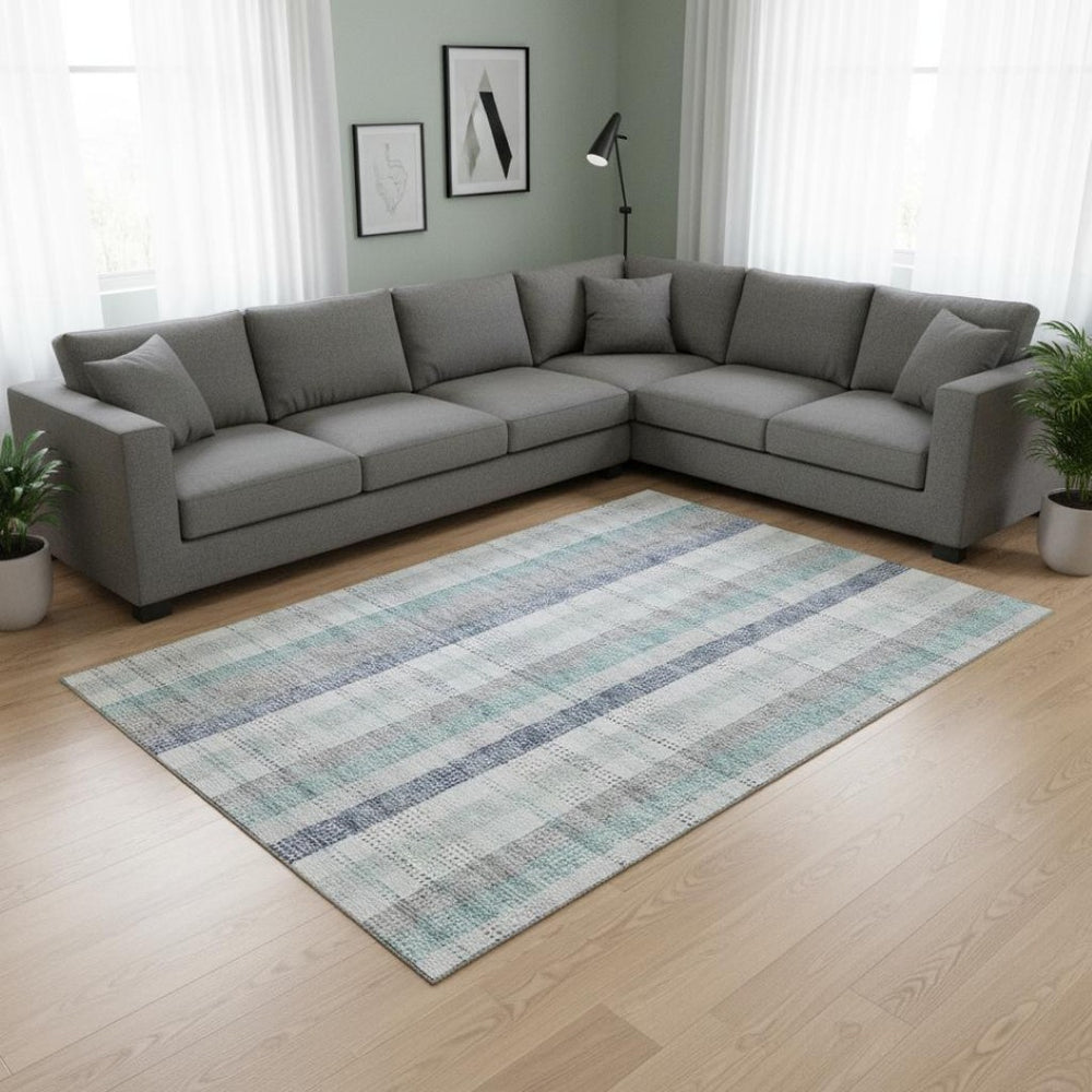 HomeRoots 9' X 12' Stylish Silver Gray and Teal Plaid Washable Area Rug with Stain Resistance & UV Protection 676505