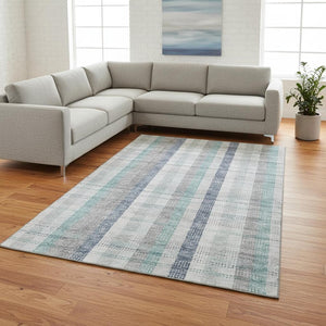 HomeRoots 10' X 14' Silver Gray & Teal Plaid Area Rug - Washable, Stain-Resistant, UV Protected for Easy Care! 676506