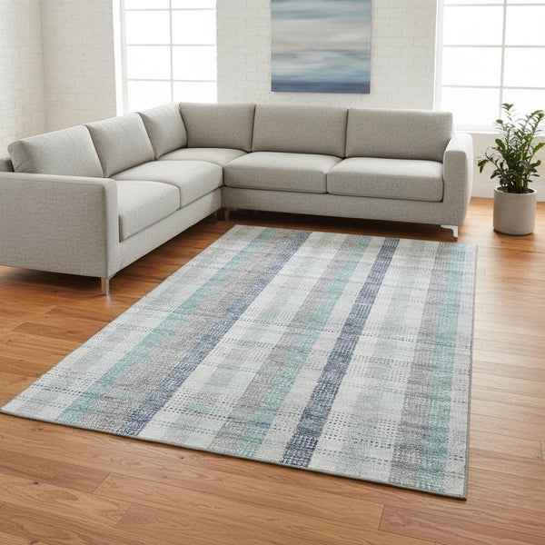 HomeRoots 10' X 14' Silver Gray & Teal Plaid Area Rug - Washable, Stain-Resistant, UV Protected for Easy Care! 676506