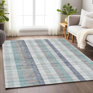 HomeRoots 10' X 14' Silver Gray & Teal Plaid Area Rug - Washable, Stain-Resistant, UV Protected for Easy Care! 676506