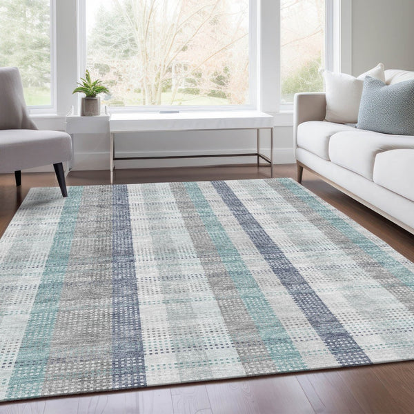 HomeRoots 10' X 14' Silver Gray & Teal Plaid Area Rug - Washable, Stain-Resistant, UV Protected for Easy Care! 676506