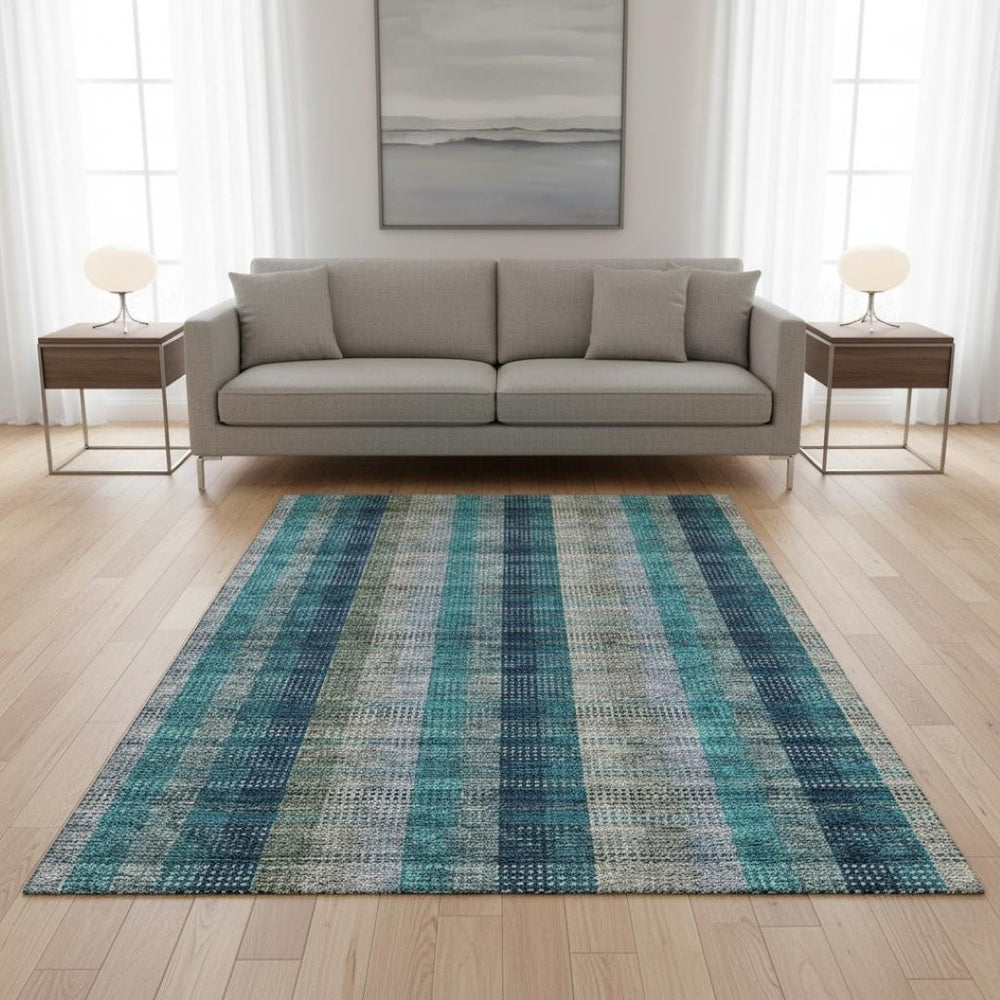 HomeRoots 5' X 8' Stylish Teal Olive Green Taupe Plaid Area Rug – Washable, UV Protected, Durable & Versatile 676508