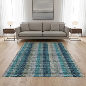 HomeRoots 5' X 8' Stylish Teal Olive Green Taupe Plaid Area Rug – Washable, UV Protected, Durable & Versatile 676508