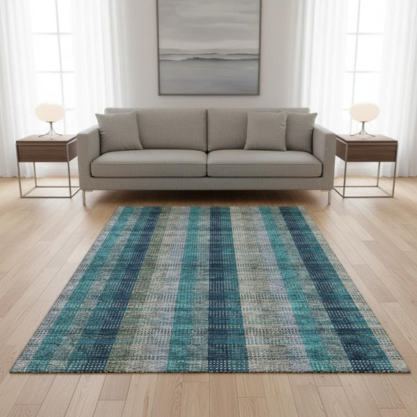 HomeRoots 5' X 8' Stylish Teal Olive Green Taupe Plaid Area Rug – Washable, UV Protected, Durable & Versatile 676508