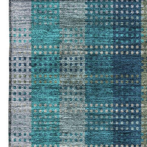 HomeRoots 5' X 8' Stylish Teal Olive Green Taupe Plaid Area Rug – Washable, UV Protected, Durable & Versatile 676508