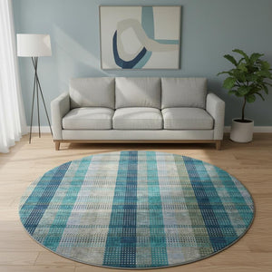 HomeRoots 8' Teal Olive Green & Taupe Plaid Round Rug - Washable, UV Protected, Durable for Family Spaces 676509