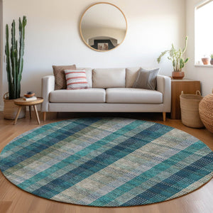 HomeRoots 8' Teal Olive Green & Taupe Plaid Round Rug - Washable, UV Protected, Durable for Family Spaces 676509