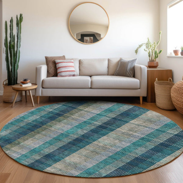 HomeRoots 8' Teal Olive Green & Taupe Plaid Round Rug - Washable, UV Protected, Durable for Family Spaces 676509