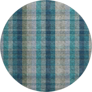 HomeRoots 8' Teal Olive Green & Taupe Plaid Round Rug - Washable, UV Protected, Durable for Family Spaces 676509