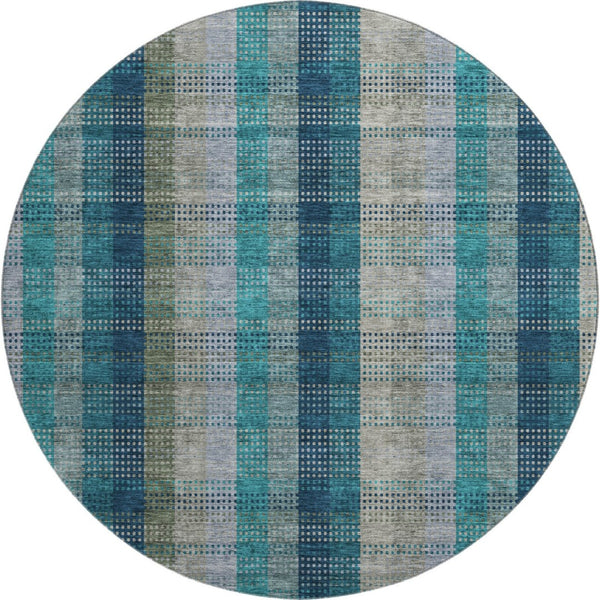 HomeRoots 8' Teal Olive Green & Taupe Plaid Round Rug - Washable, UV Protected, Durable for Family Spaces 676509