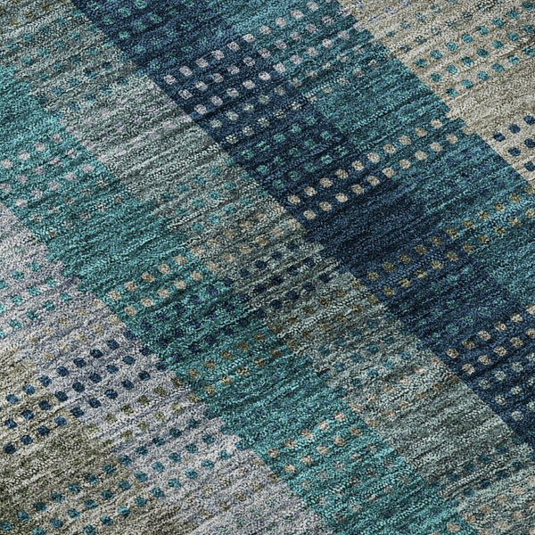 HomeRoots 8' Teal Olive Green & Taupe Plaid Round Rug - Washable, UV Protected, Durable for Family Spaces 676509