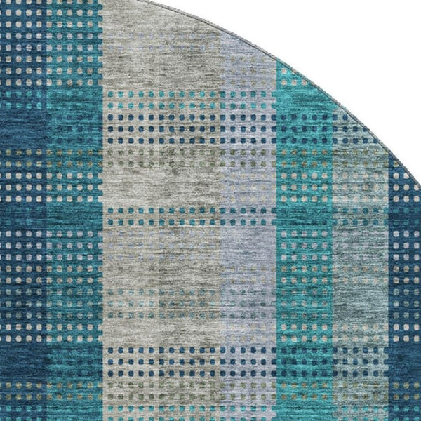 HomeRoots 8' Teal Olive Green & Taupe Plaid Round Rug - Washable, UV Protected, Durable for Family Spaces 676509