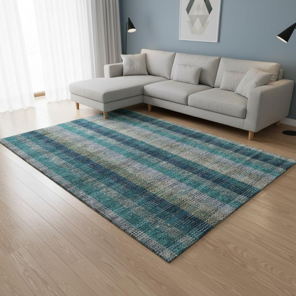 HomeRoots 8' X 10' Teal Olive Green Taupe Plaid Washable Area Rug - Durable, UV-Protective, Easy-Care Comfort 676510