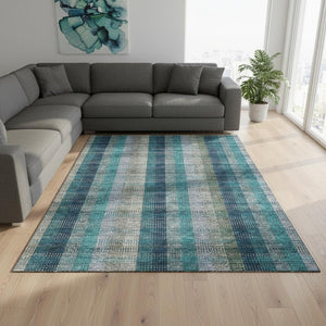 HomeRoots 9' X 12' Stylish Teal Olive Green Plaid Washable Area Rug with UV Protection for Every Room 676511