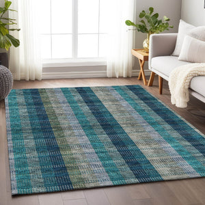 HomeRoots 9' X 12' Stylish Teal Olive Green Plaid Washable Area Rug with UV Protection for Every Room 676511