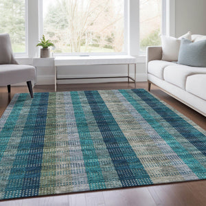 HomeRoots 9' X 12' Stylish Teal Olive Green Plaid Washable Area Rug with UV Protection for Every Room 676511