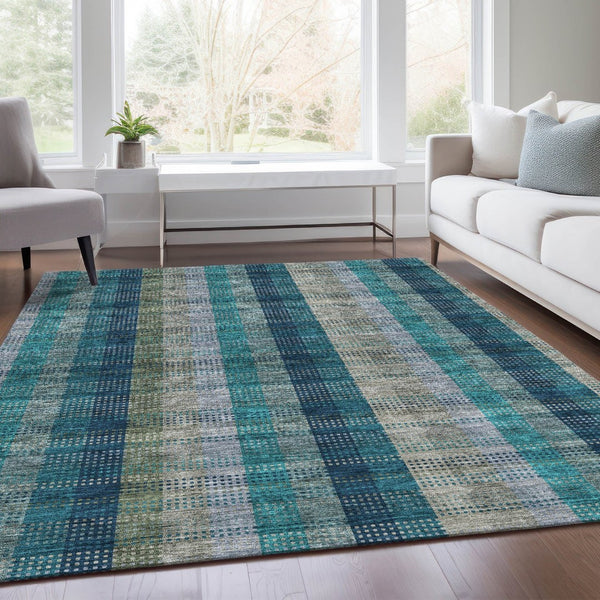 HomeRoots 9' X 12' Stylish Teal Olive Green Plaid Washable Area Rug with UV Protection for Every Room 676511