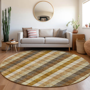 HomeRoots 8' Washable Round Rug in Wheat Ivory & Copper Plaid - UV Protected, Stain Resistant, Durable Design 676515