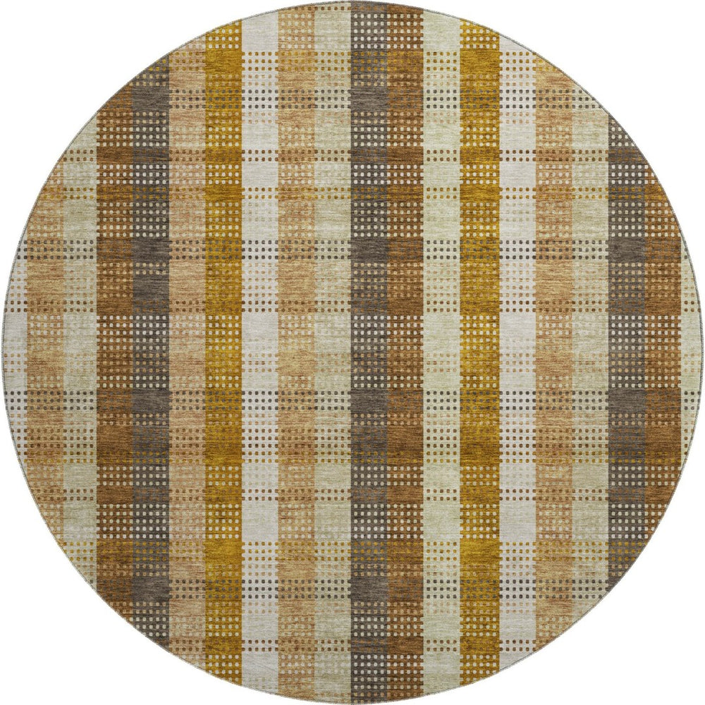 HomeRoots 8' Washable Round Rug in Wheat Ivory & Copper Plaid - UV Protected, Stain Resistant, Durable Design 676515