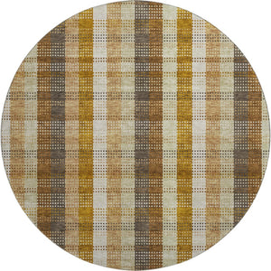 HomeRoots 8' Washable Round Rug in Wheat Ivory & Copper Plaid - UV Protected, Stain Resistant, Durable Design 676515