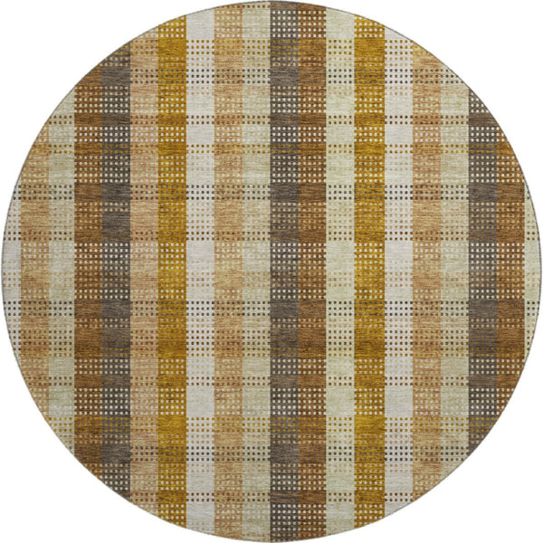 HomeRoots 8' Washable Round Rug in Wheat Ivory & Copper Plaid - UV Protected, Stain Resistant, Durable Design 676515