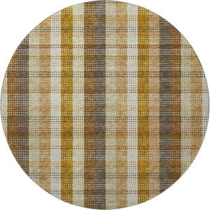 HomeRoots 8' Washable Round Rug in Wheat Ivory & Copper Plaid - UV Protected, Stain Resistant, Durable Design 676515