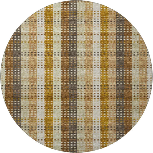 HomeRoots 8' Washable Round Rug in Wheat Ivory & Copper Plaid - UV Protected, Stain Resistant, Durable Design 676515