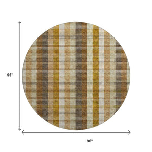 HomeRoots 8' Washable Round Rug in Wheat Ivory & Copper Plaid - UV Protected, Stain Resistant, Durable Design 676515