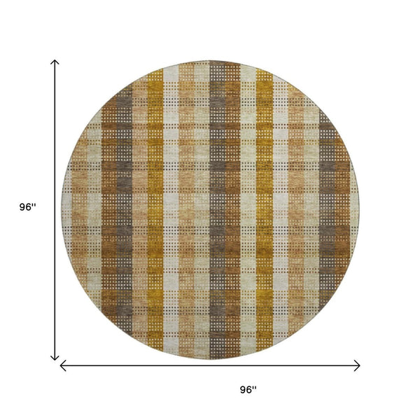 HomeRoots 8' Washable Round Rug in Wheat Ivory & Copper Plaid - UV Protected, Stain Resistant, Durable Design 676515
