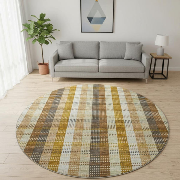 HomeRoots 8' Washable Round Rug in Wheat Ivory & Copper Plaid - UV Protected, Stain Resistant, Durable Design 676515