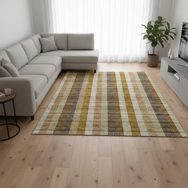 HomeRoots 9' X 12' Wheat Ivory & Copper Plaid Washable Area Rug with UV Protection for Homes & Patios 676517