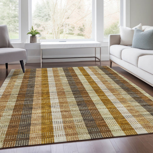 HomeRoots 9' X 12' Wheat Ivory & Copper Plaid Washable Area Rug with UV Protection for Homes & Patios 676517