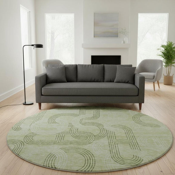 HomeRoots 8' Artichoke Green & Gray Geometric Washable Round Rug with UV Protection for Busy Homes & Kids 676521