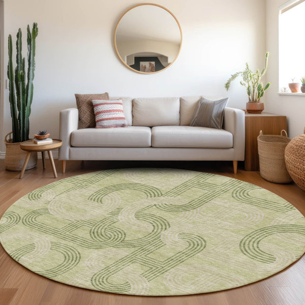 HomeRoots 8' Artichoke Green & Gray Geometric Washable Round Rug with UV Protection for Busy Homes & Kids 676521