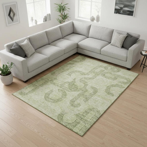 HomeRoots 9' X 12' Artichoke Green & Gray Geometric Area Rug - Washable, UV-Protected, Durable & Stylish Design 676523
