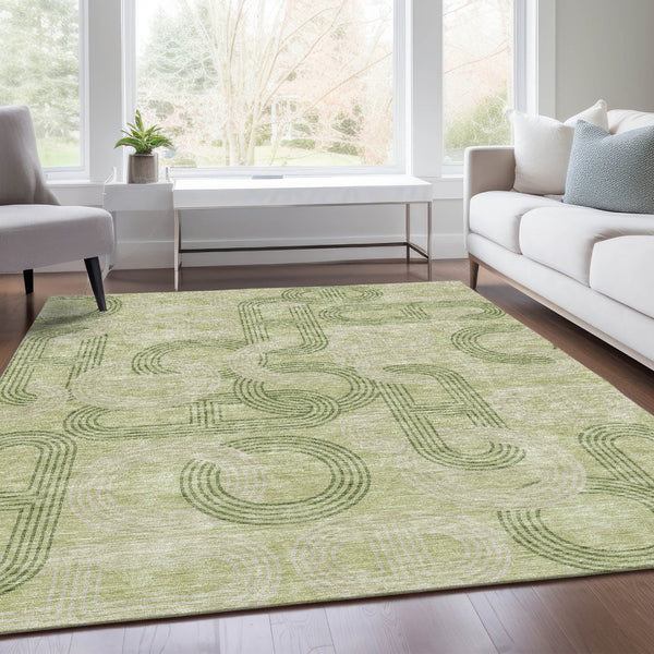 HomeRoots 9' X 12' Artichoke Green & Gray Geometric Area Rug - Washable, UV-Protected, Durable & Stylish Design 676523