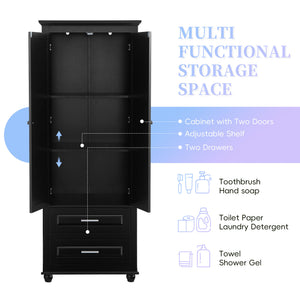 English Elm Tall Slim Storage Cabinet with Adjustable Shelves, 2 Drawers & Doors, Anti-Tip Design for Bathroom Black WF299284AAB