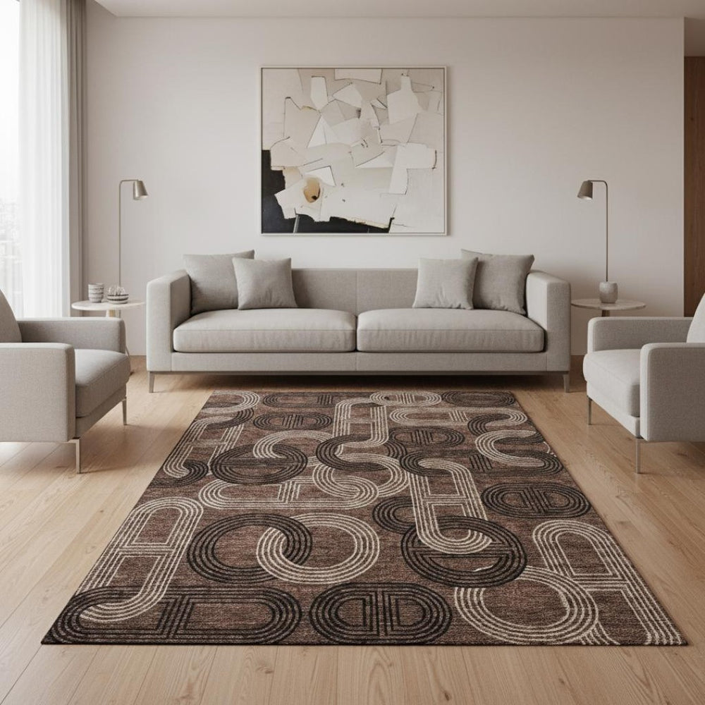 HomeRoots 5' Geometric Chocolate Black and Beige Area Rug - Washable, UV Protected, Durable for Everyday Living 676526